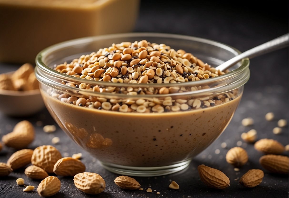 Peanut butter and chia seeds are being mixed together in a bowl