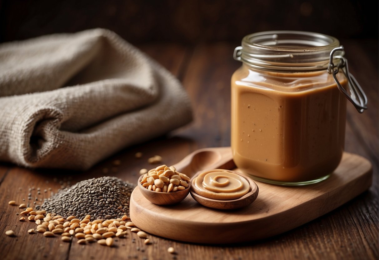 A jar of peanut butter sits open next to a small pile of chia seeds on a wooden cutting board