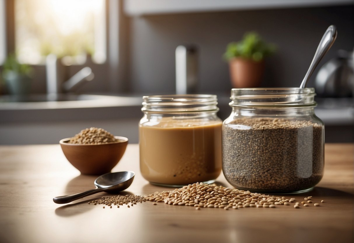 A jar of peanut butter and a bowl of chia seeds sit on a kitchen countertop, with a spoon nearby