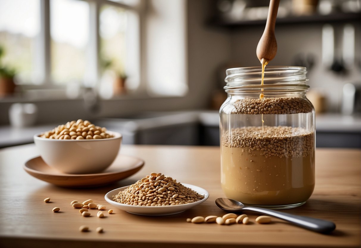 A jar of peanut butter and a bowl of chia seeds sit on a kitchen counter, with a mixing spoon nearby