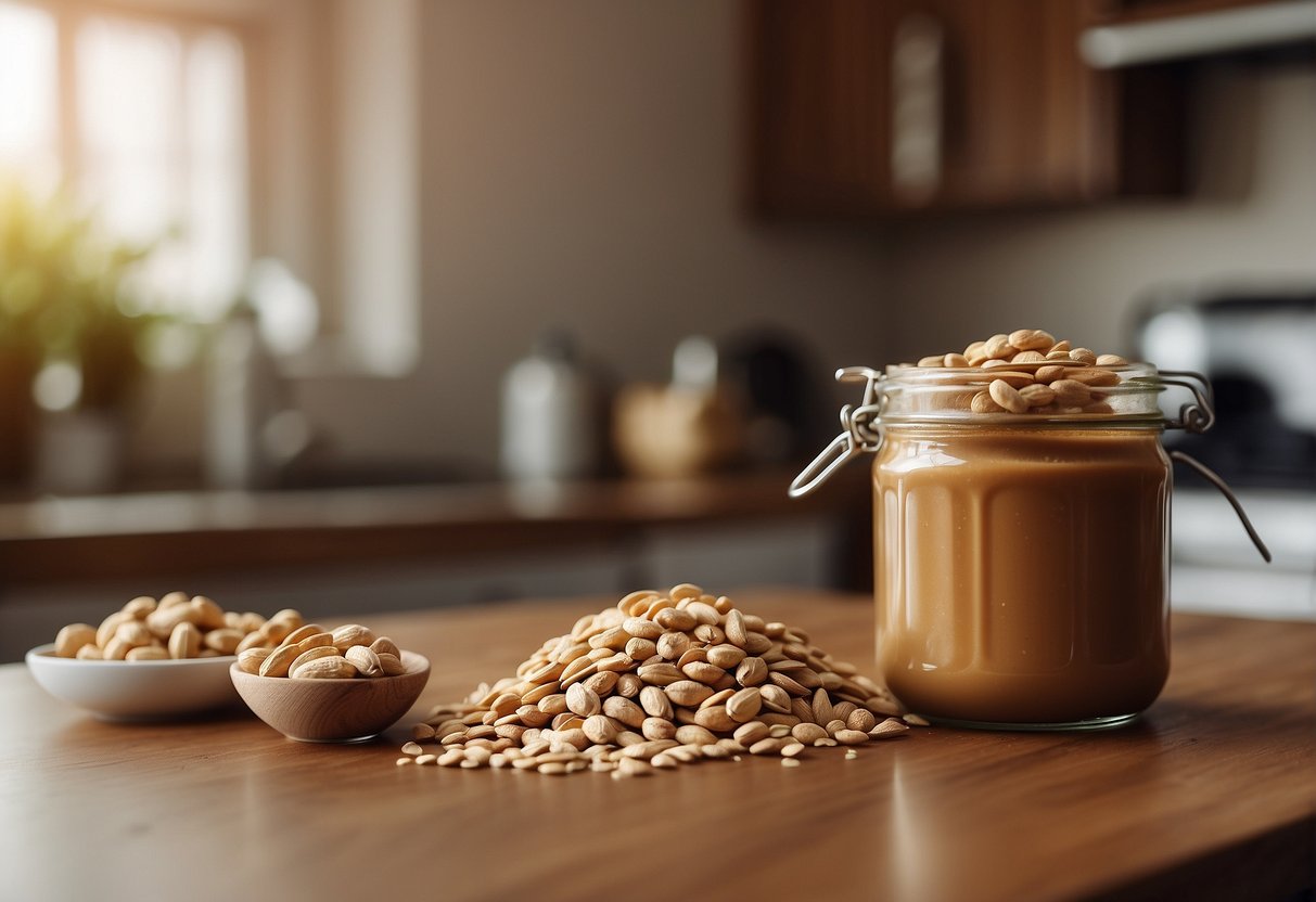 A jar of peanut butter and a bowl of oats sit on a kitchen counter, ready to be mixed together