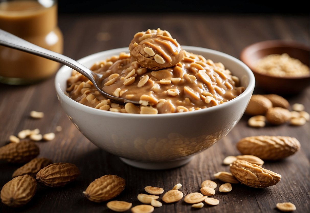Peanut butter and oats are being mixed in a bowl. Ingredients are being stirred together with a spoon