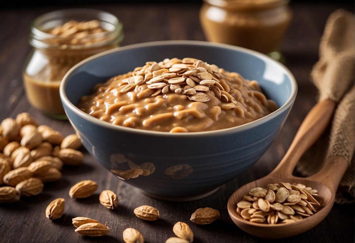 Peanut butter and oats in a mixing bowl, containers for storage, and a measuring cup for portioning