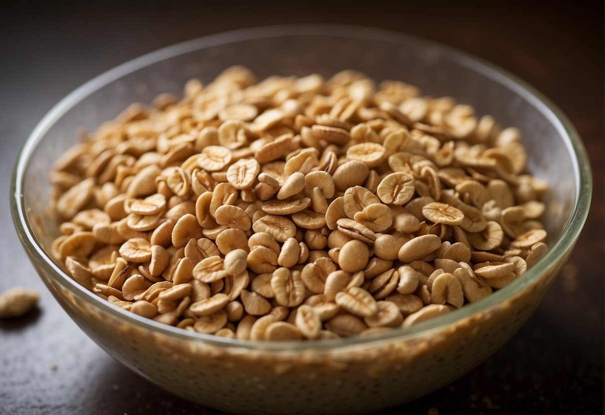 Peanut butter and oats are being mixed together in a bowl