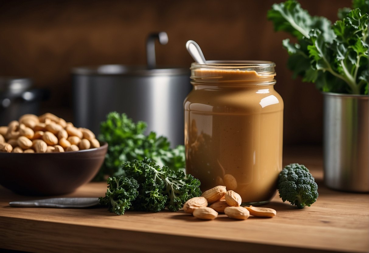 Peanut butter jar next to kale leaves, mixing bowl and spoon on a kitchen counter