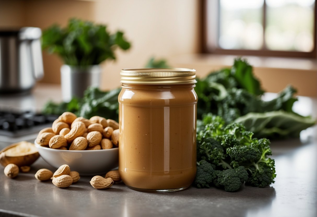 A jar of peanut butter sits next to a bunch of fresh kale on a clean countertop. The ingredients are ready to be blended together