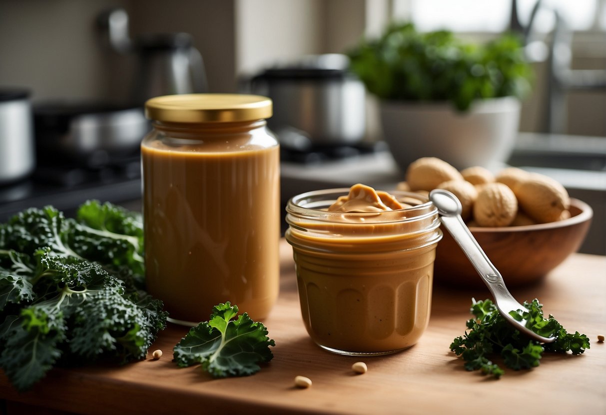 A jar of peanut butter next to a bunch of fresh kale on a kitchen counter. A measuring spoon is scooping peanut butter onto a bed of kale leaves