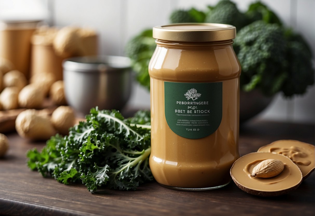 Peanut butter jar next to a bunch of kale on a kitchen counter