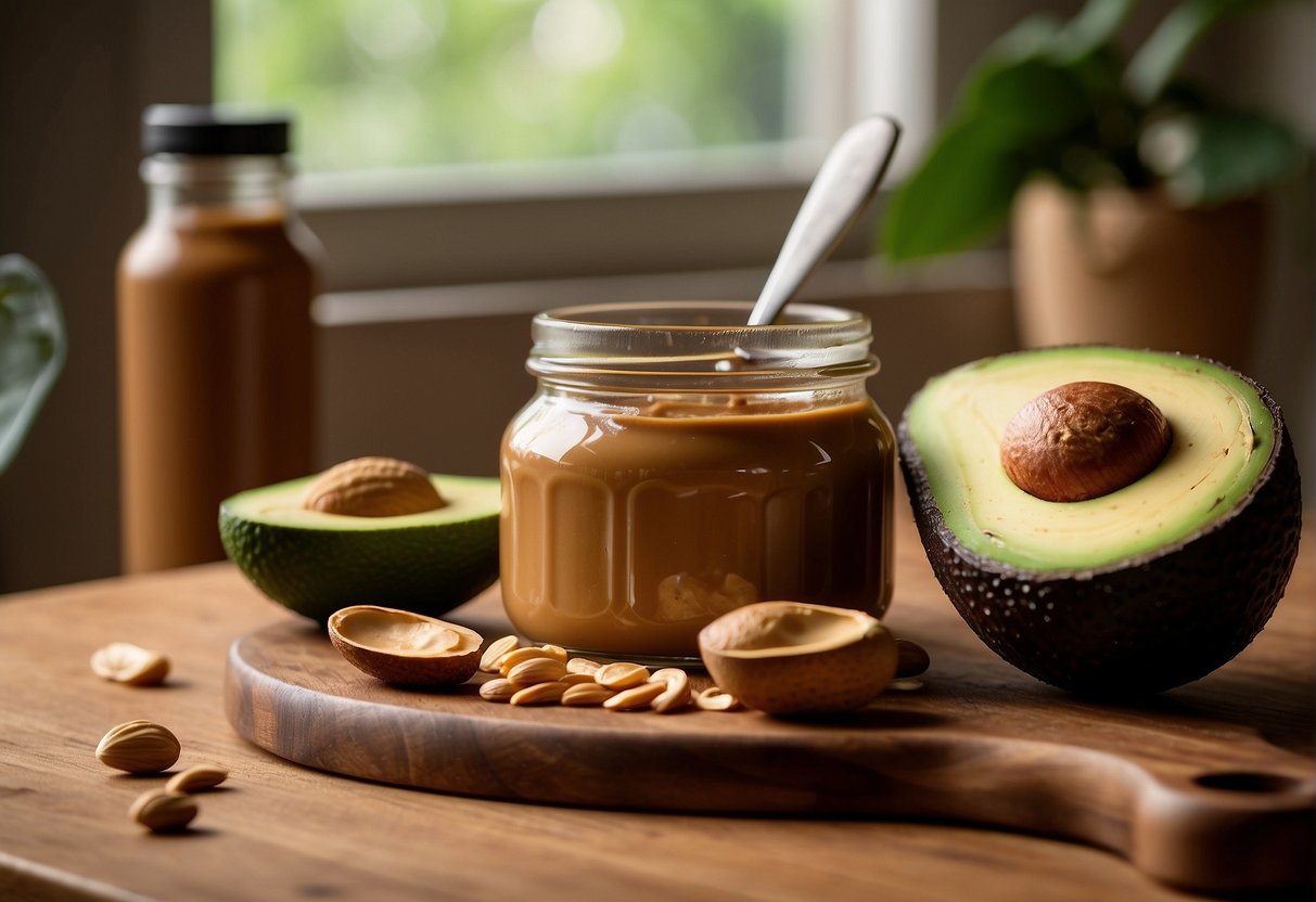 A jar of peanut butter and a ripe avocado sit on a wooden cutting board, with a knife nearby