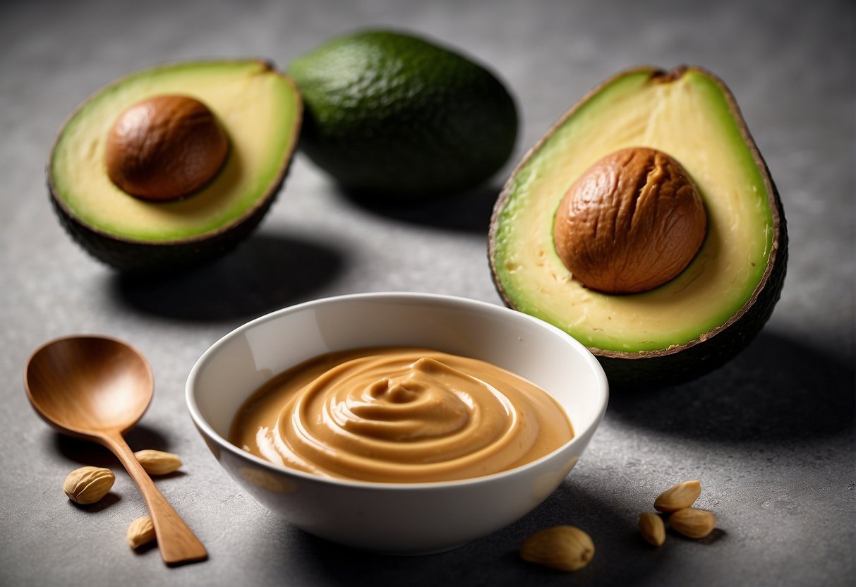 A jar of peanut butter and a ripe avocado sit next to each other on a kitchen counter, with a mixing bowl and spoon nearby
