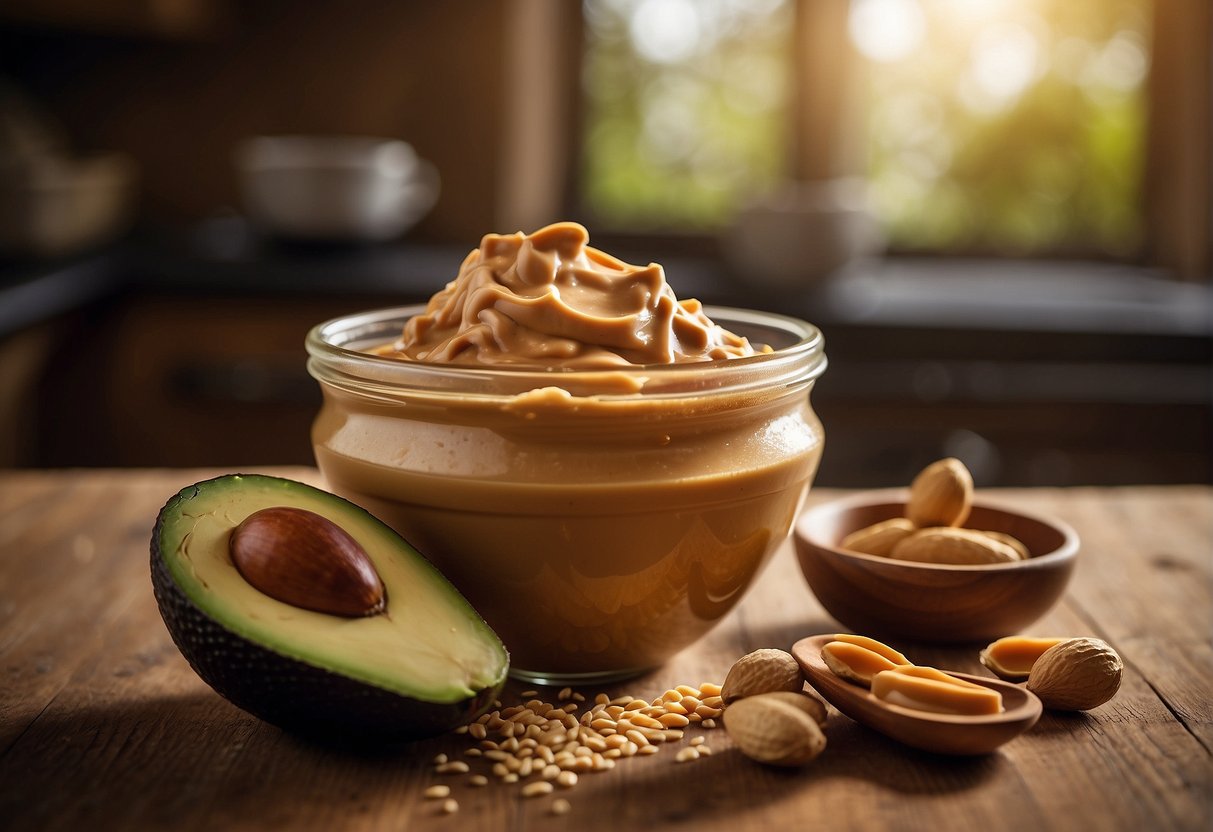 Peanut butter and avocado are being combined in a mixing bowl