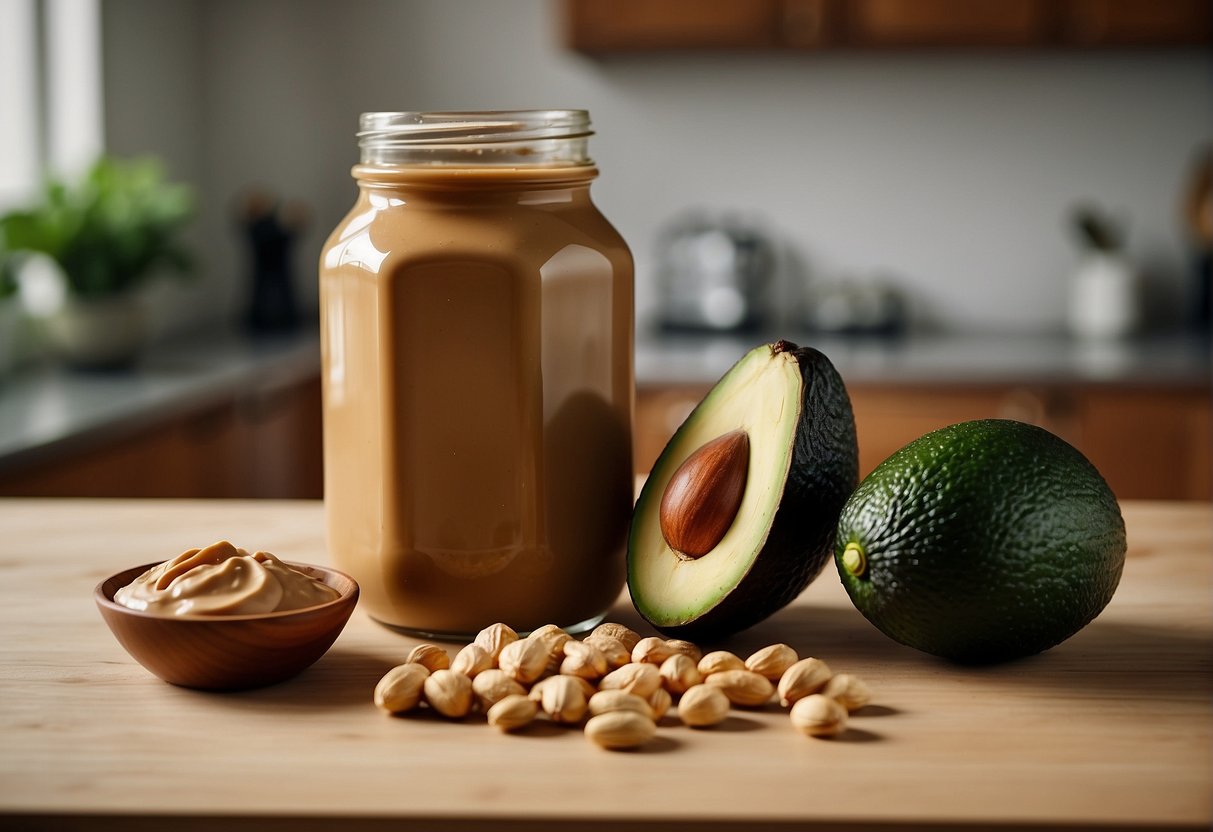 A jar of peanut butter and a ripe avocado sit on a kitchen counter. The two ingredients are positioned next to each other, suggesting the possibility of mixing them together