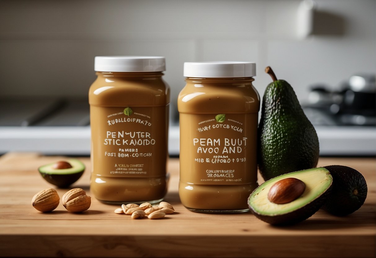 Peanut butter and avocado sit side by side on a kitchen counter, with a questioning look above them