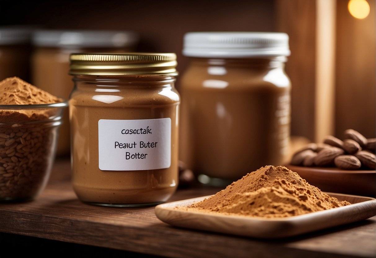 A jar of peanut butter sits next to a container of cocoa powder on a shelf, with a question mark hovering above them