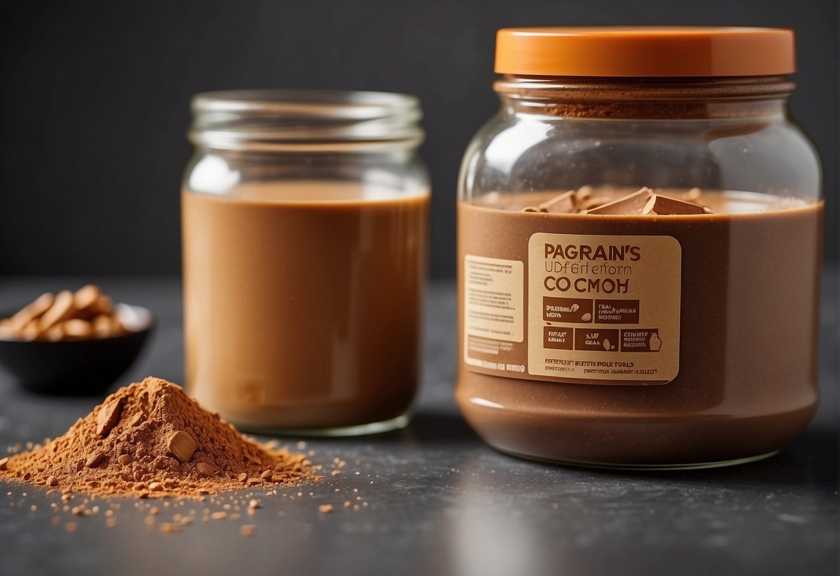 A jar of peanut butter and a container of cocoa powder sit side by side on a kitchen counter