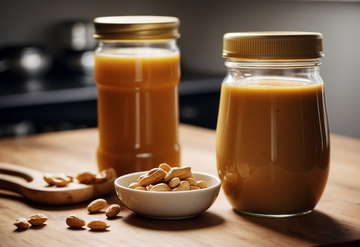 A jar of peanut butter sits next to a jar of honey on a kitchen counter. The lids are off, and a spoon is poised to mix the two together