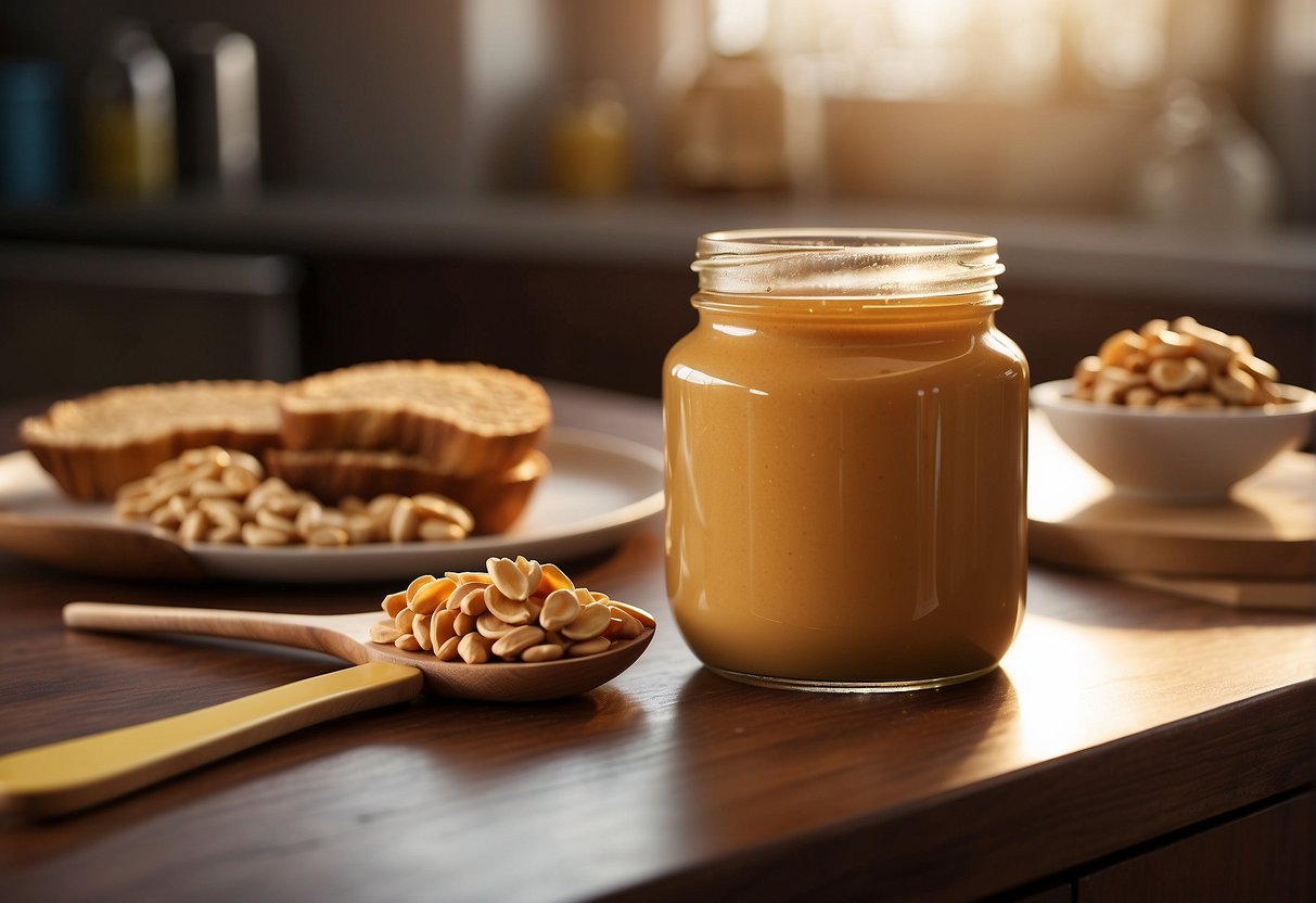 A jar of peanut butter and a bottle of honey sit on a kitchen counter, with a spoon resting nearby