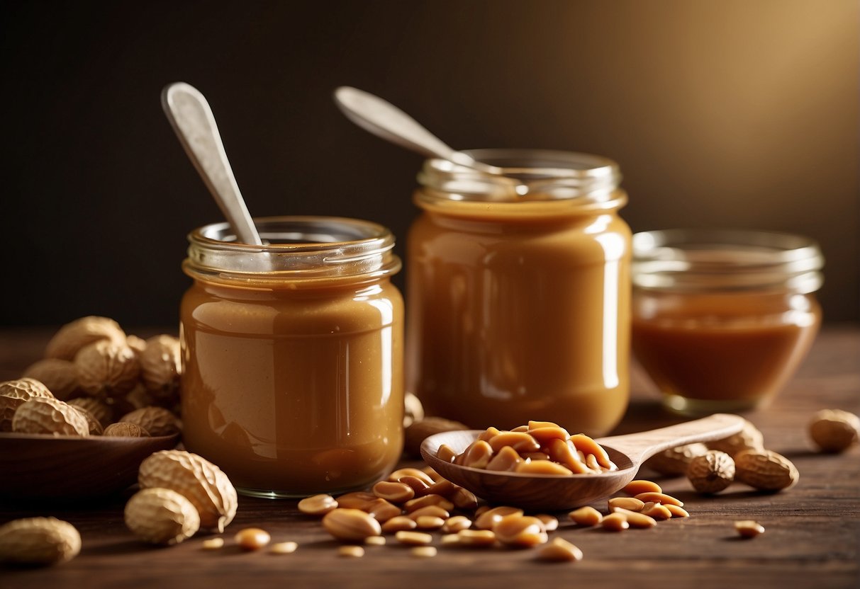 Peanut butter jar next to honey jar, with a spoon mixing the two in a bowl
