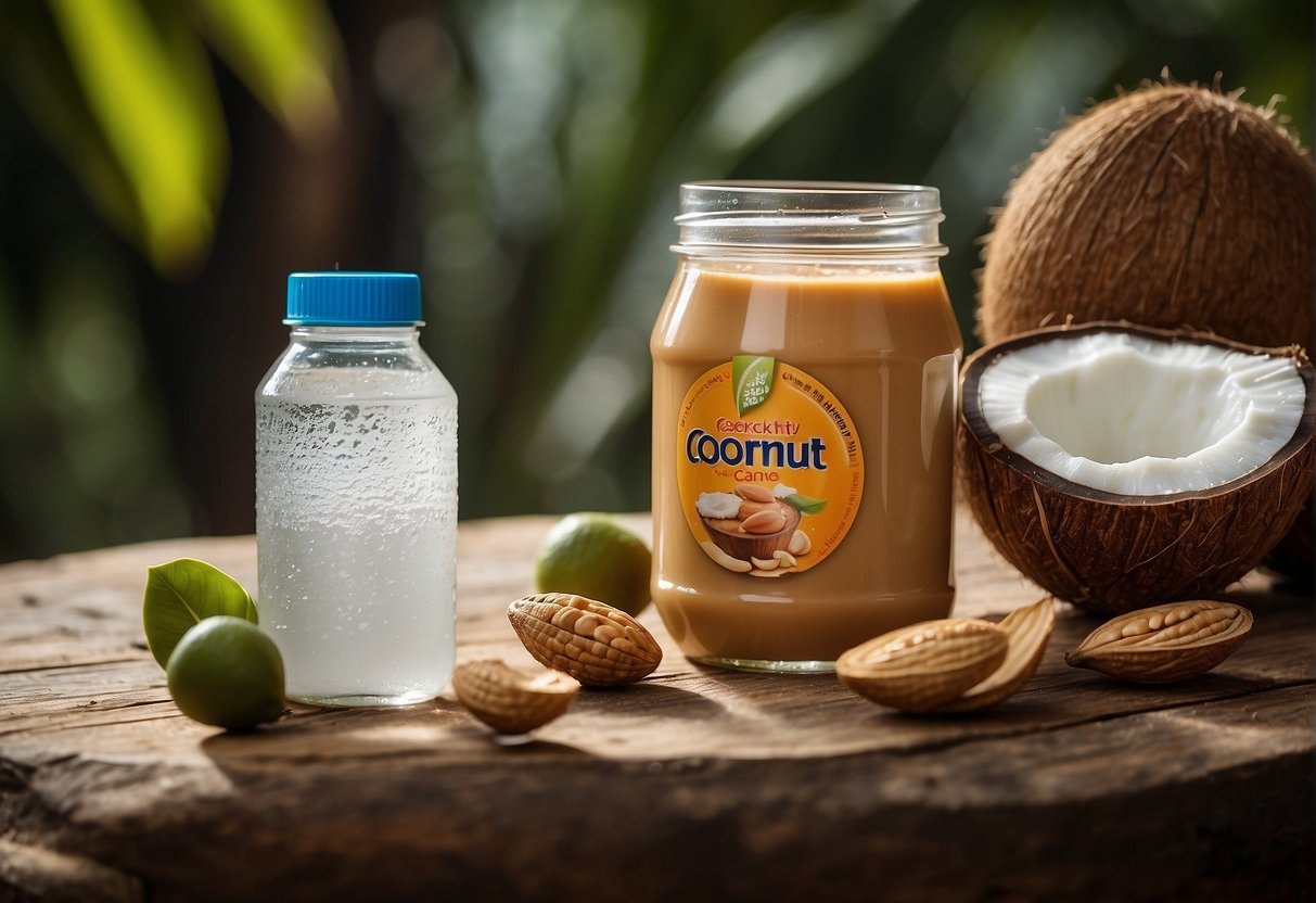 A jar of peanut butter sits next to a coconut, with a splash of coconut water