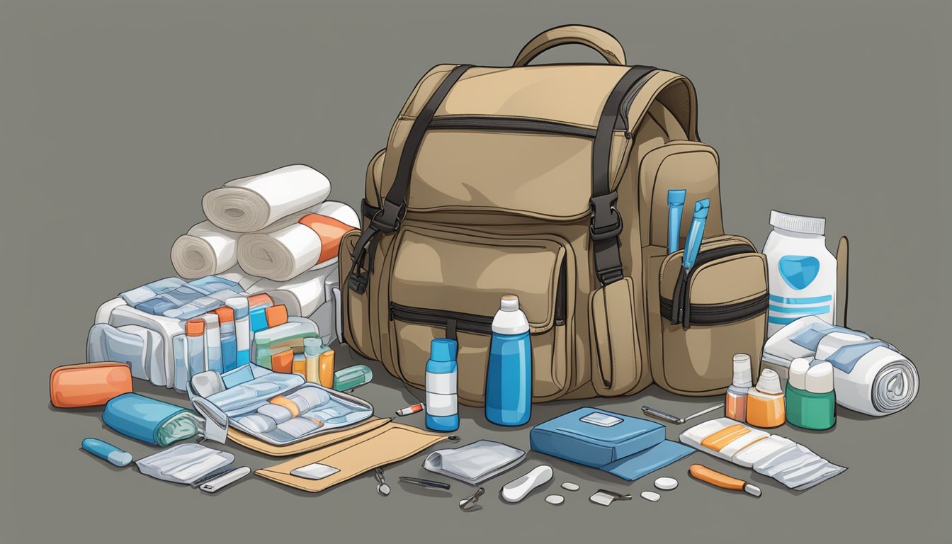 A backpack open on the ground, filled with medical supplies, including bandages, splints, medications, and a first aid manual