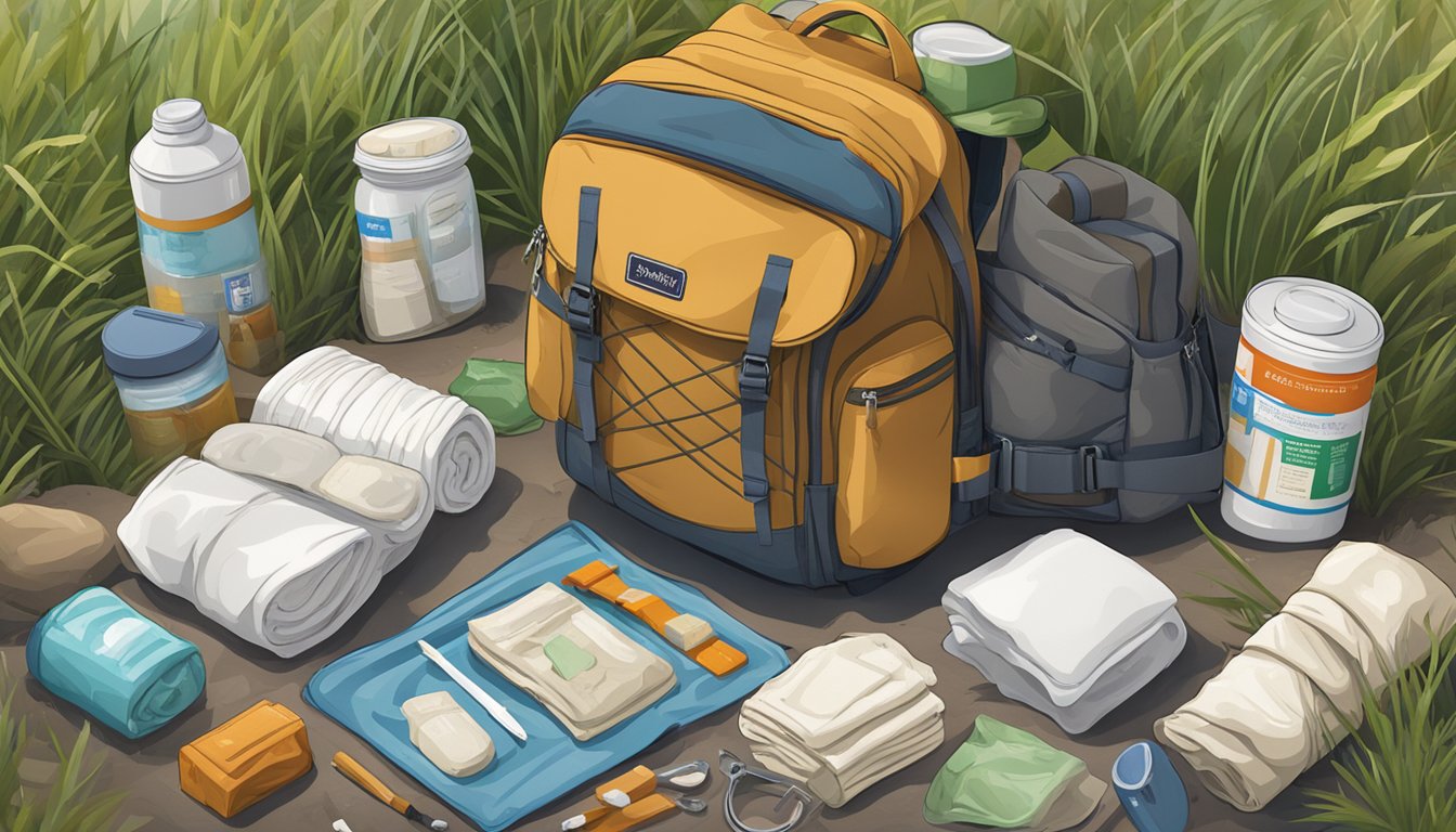 A backpack open on the ground, surrounded by wilderness essentials: bandages, splints, medications, and a first aid manual