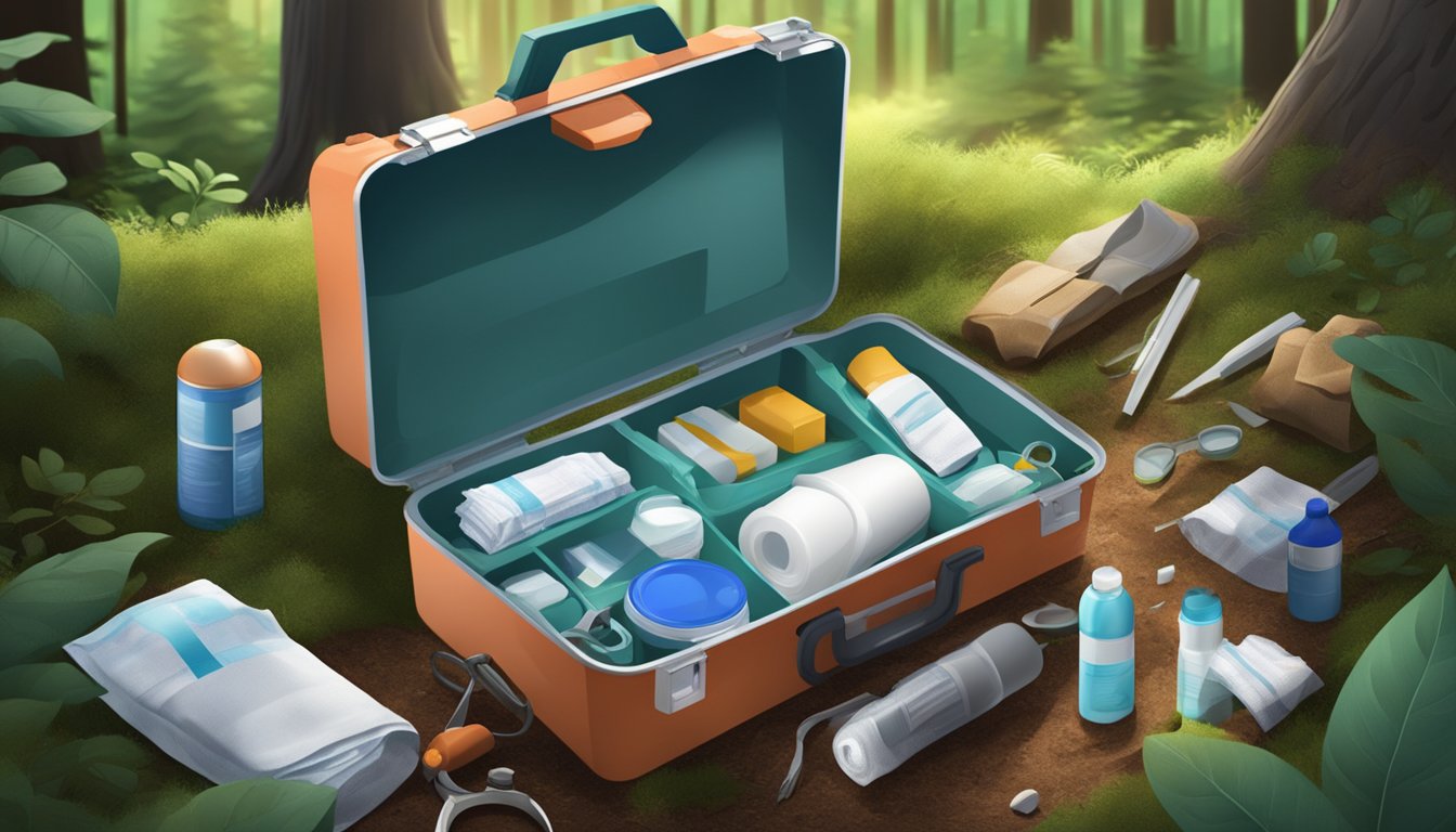 A first aid kit open on a forest floor, with items such as bandages, antiseptic wipes, scissors, and a flashlight scattered around