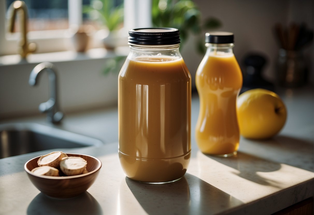 Peanut butter jar and coconut water bottle on a kitchen counter