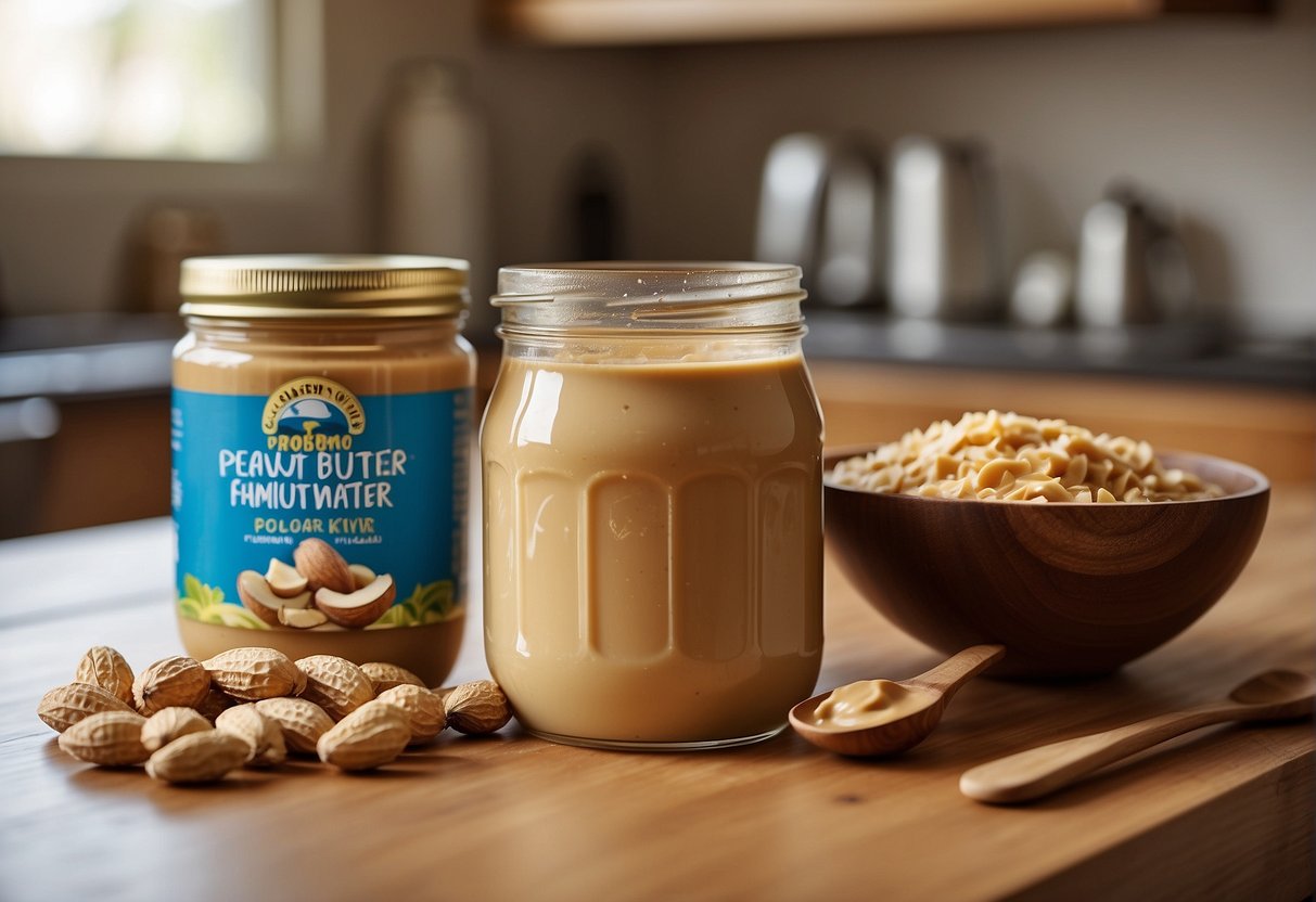A jar of peanut butter and a carton of coconut water sit side by side on a kitchen counter, with a spoon resting on the edge of the peanut butter jar