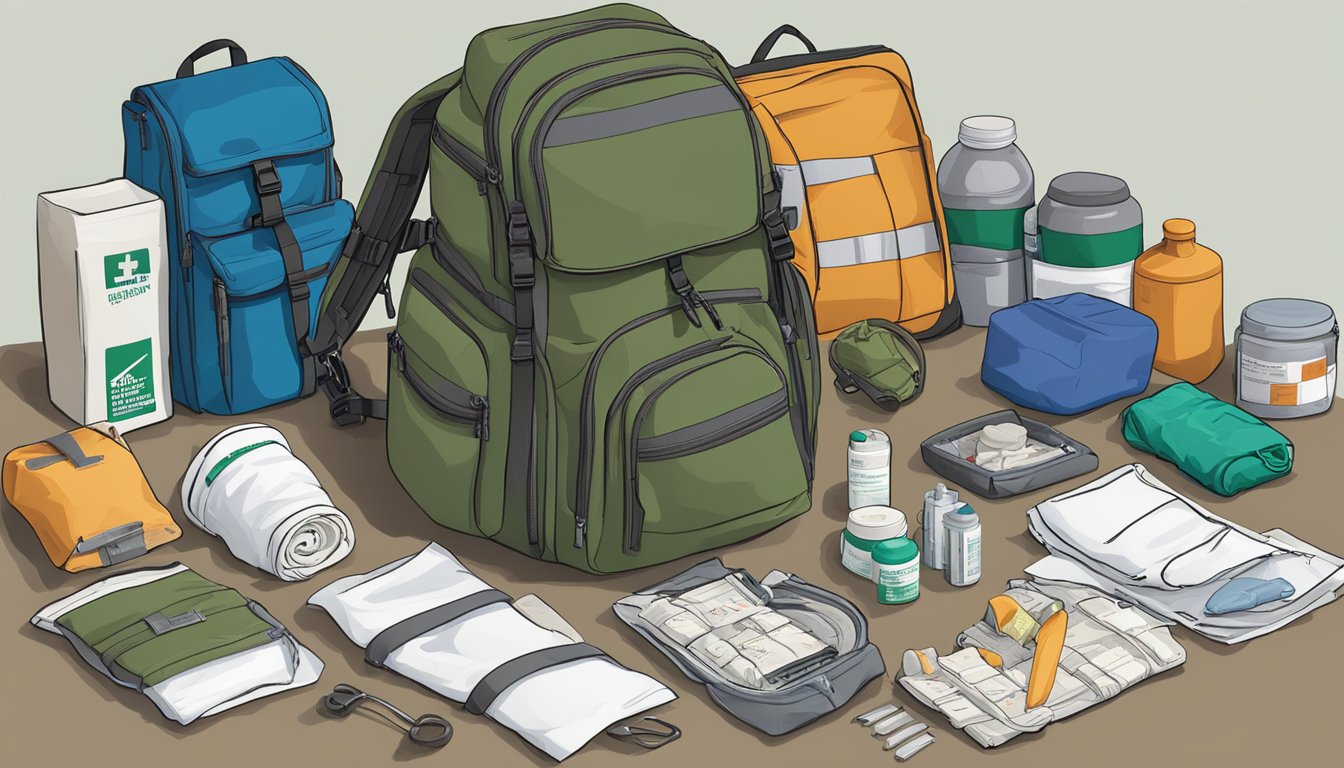 A rugged backpack lies open, revealing trauma and injury equipment neatly organized inside. Bandages, splints, and medical supplies are neatly packed alongside a wilderness first aid manual