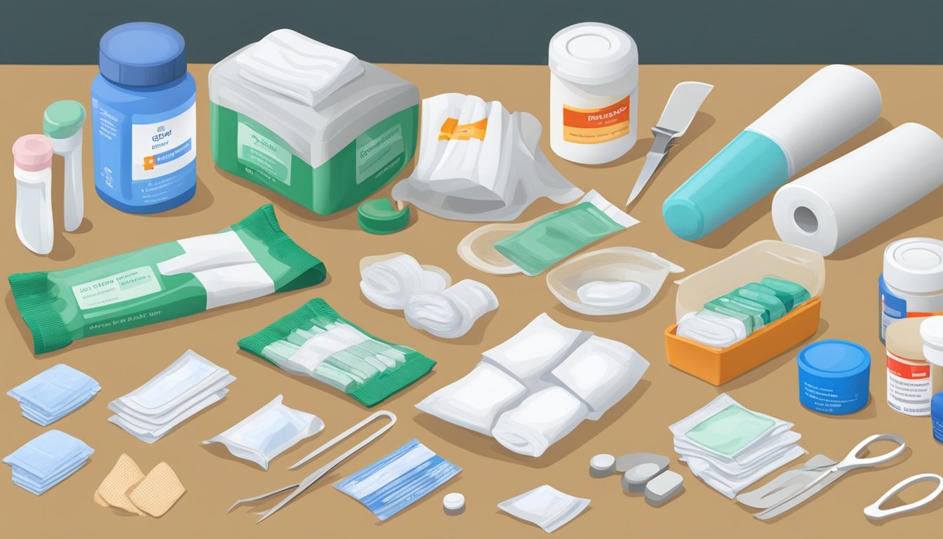 A table with neatly organized first aid supplies: bandages, gauze, scissors, antiseptic wipes, splints, and medications. Labels indicate expiration dates and contents