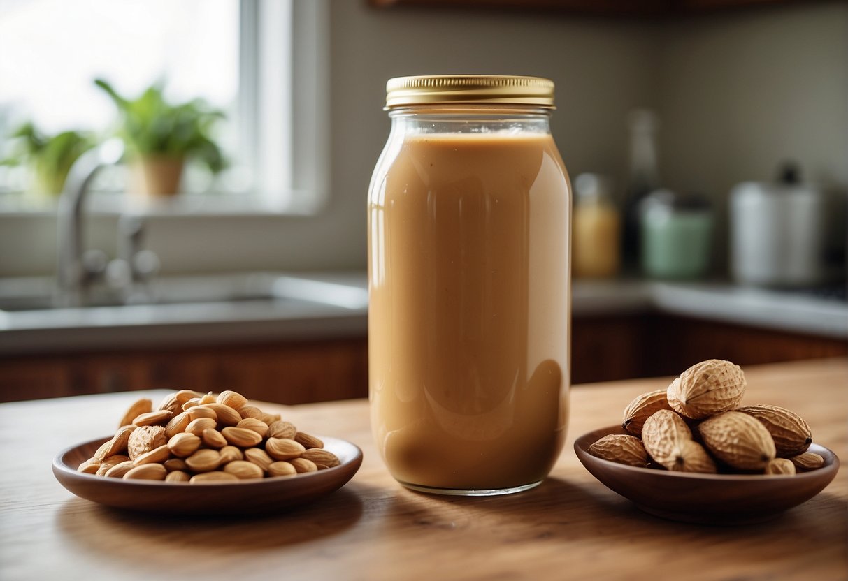 A jar of peanut butter and a bottle of coconut water sit on a kitchen counter, with a spoon mixing the two together