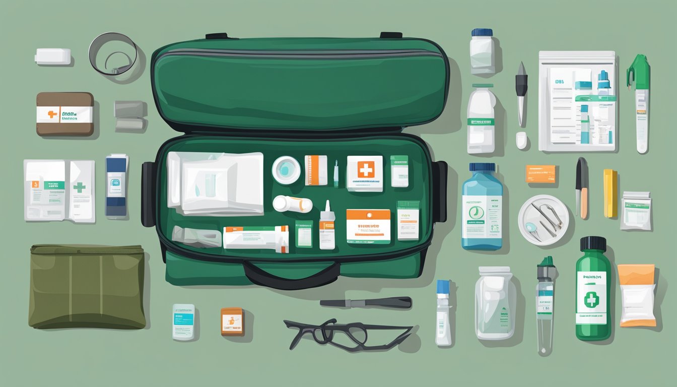 A wilderness first aid kit laid out on a flat surface, with various medical supplies neatly organized and labeled for easy access