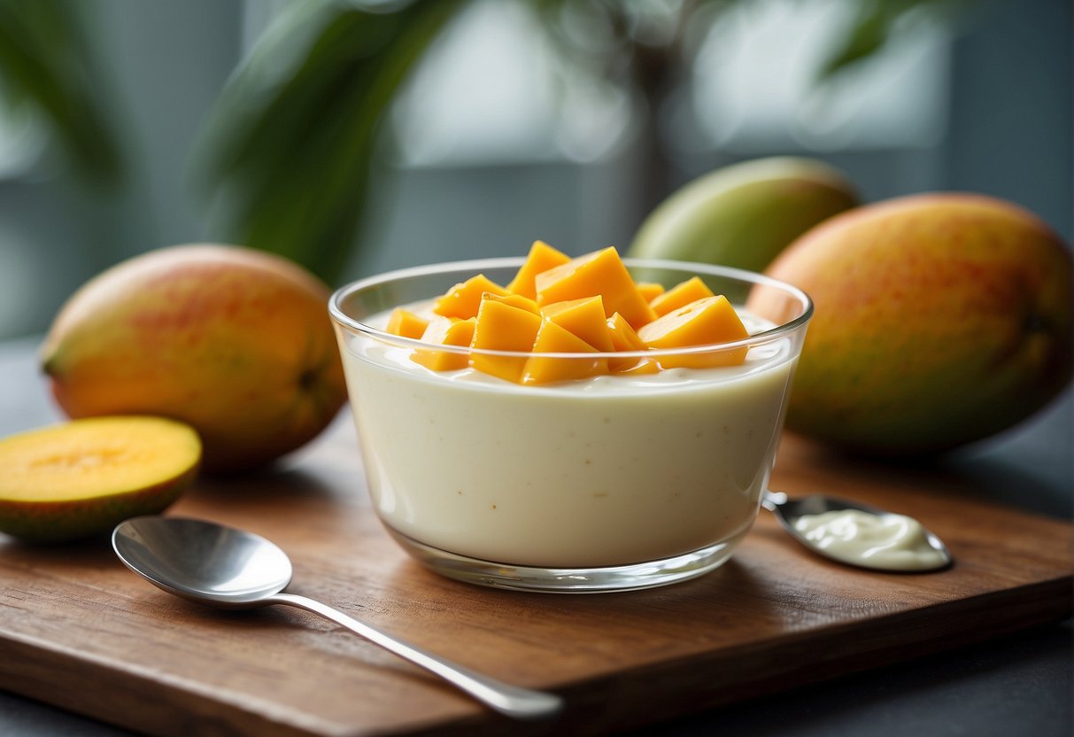 Mango and yogurt blend in a glass bowl
