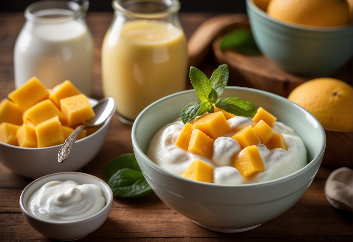 A bowl of creamy yogurt with chunks of ripe mango mixed in, surrounded by various storage containers and serving utensils