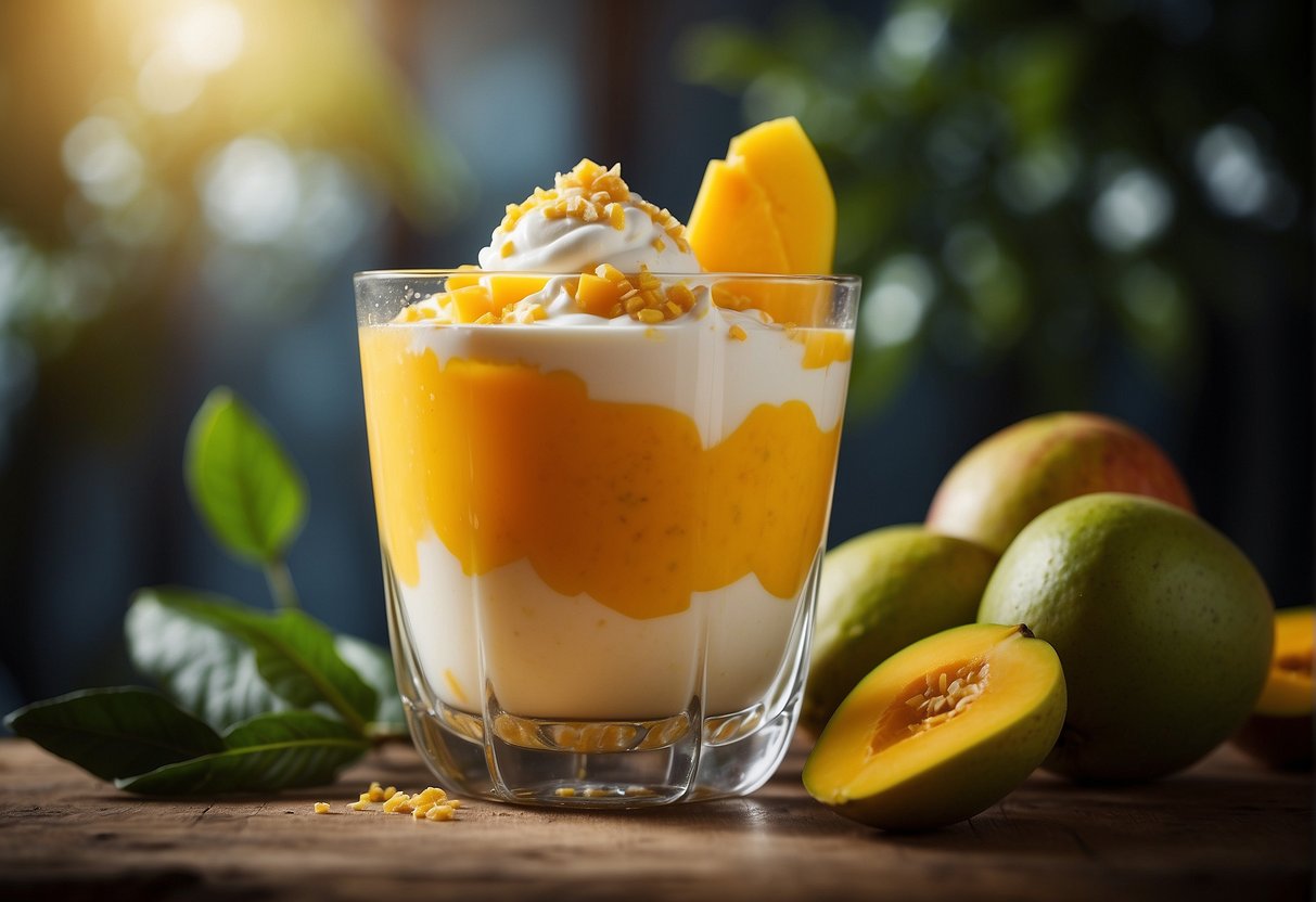 A ripe mango being blended with creamy yogurt in a glass bowl