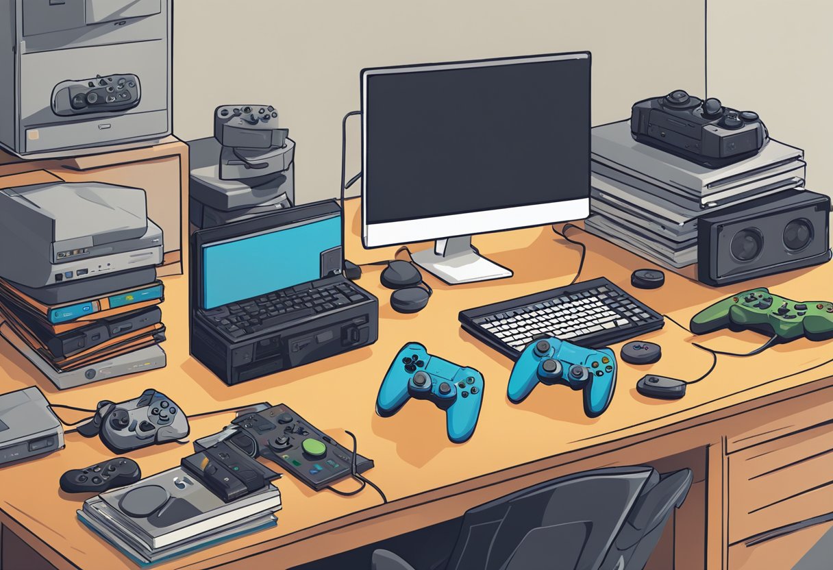 A desk cluttered with gaming consoles, controllers, and a computer. Posters of popular video games adorn the walls. A notebook filled with game ideas sits open next to a stack of strategy guides