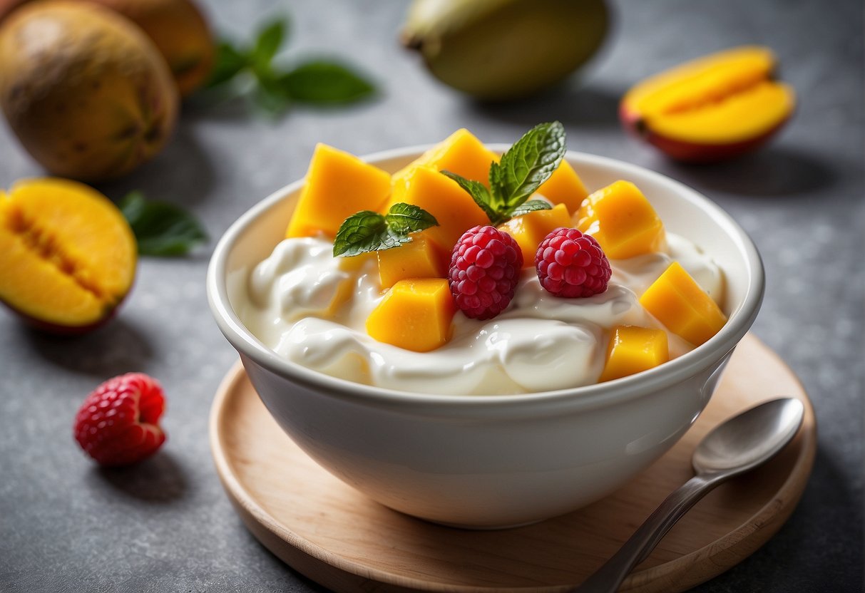A bowl of creamy yogurt with chunks of fresh mango mixed in, surrounded by colorful fruits and a spoon