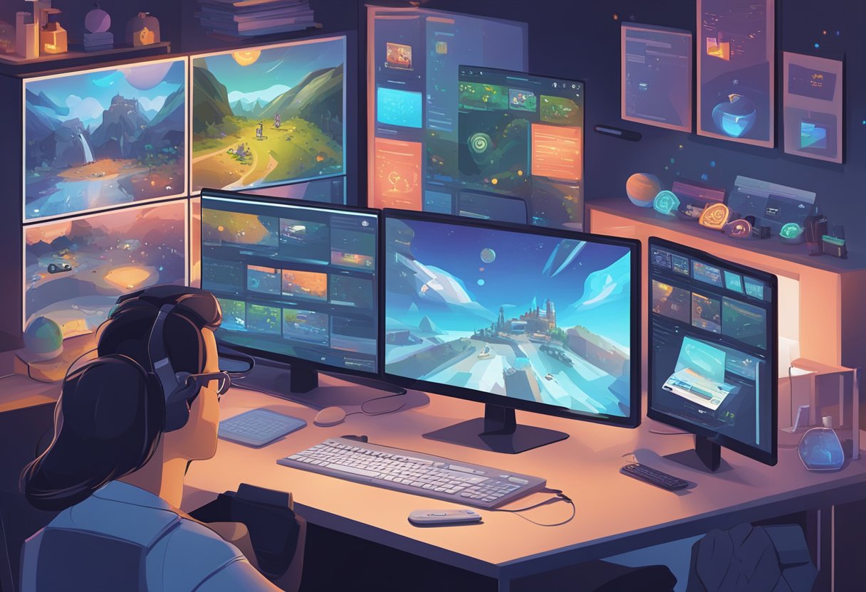 A variety gaming channel is being studied with focus and engagement. Multiple screens show different games, while notes are being taken