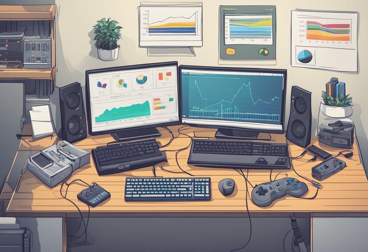 A computer desk with gaming consoles, controllers, and a variety of video games. A notebook with "Channel Growth Study" written on it. Graphs and charts on the wall