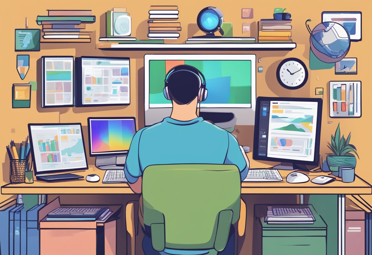 A person watching a computer screen with gaming channels open, surrounded by notebooks and study materials