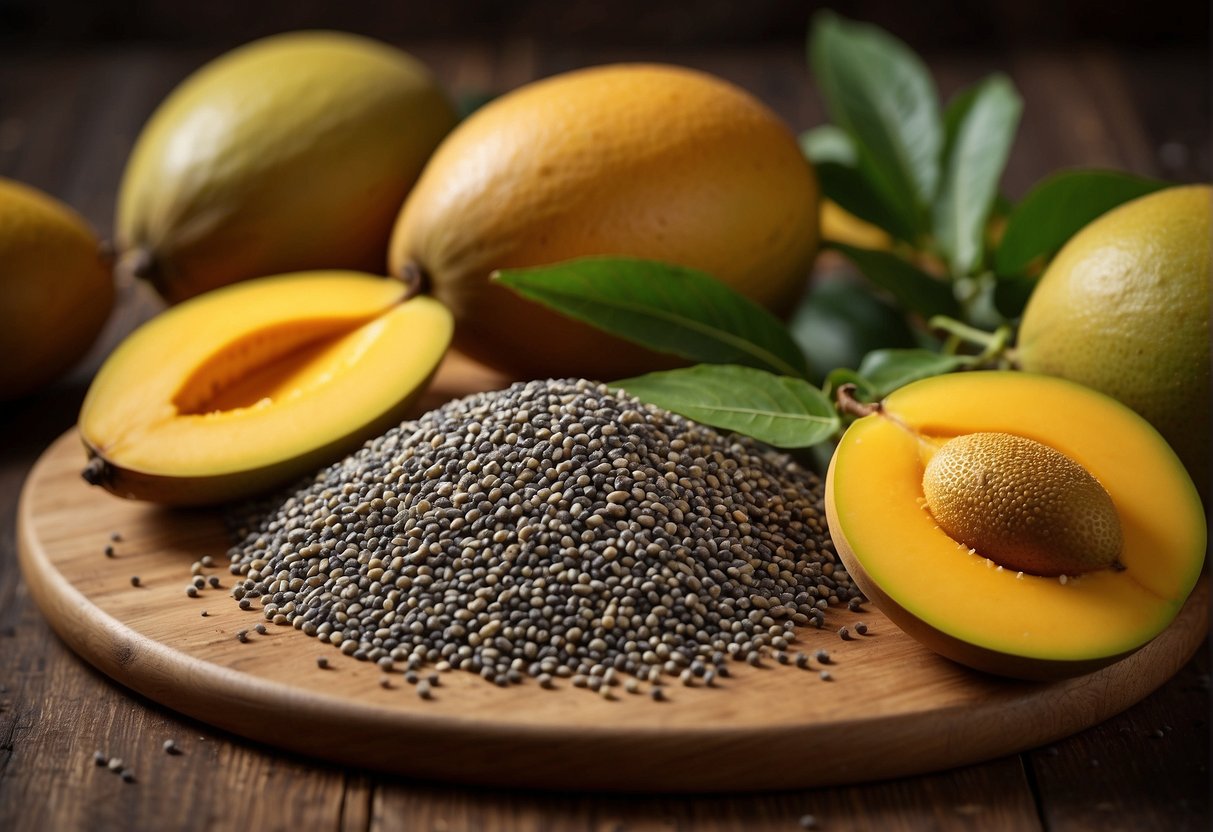 A ripe mango and a pile of chia seeds sit on a wooden cutting board, ready to be mixed together