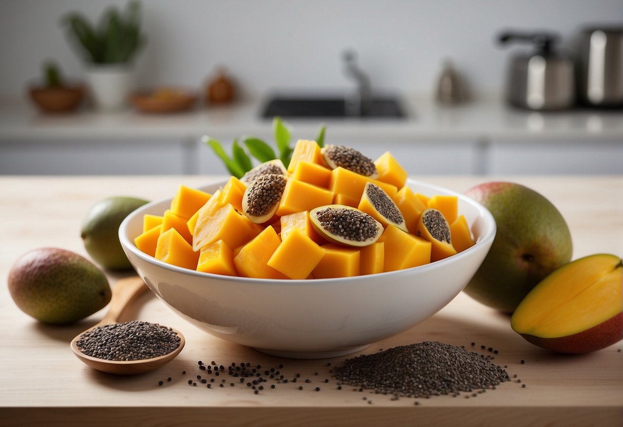 A bowl of ripe mango chunks and a small pile of chia seeds sit on a clean, white kitchen counter. A wooden spoon rests nearby, ready for mixing