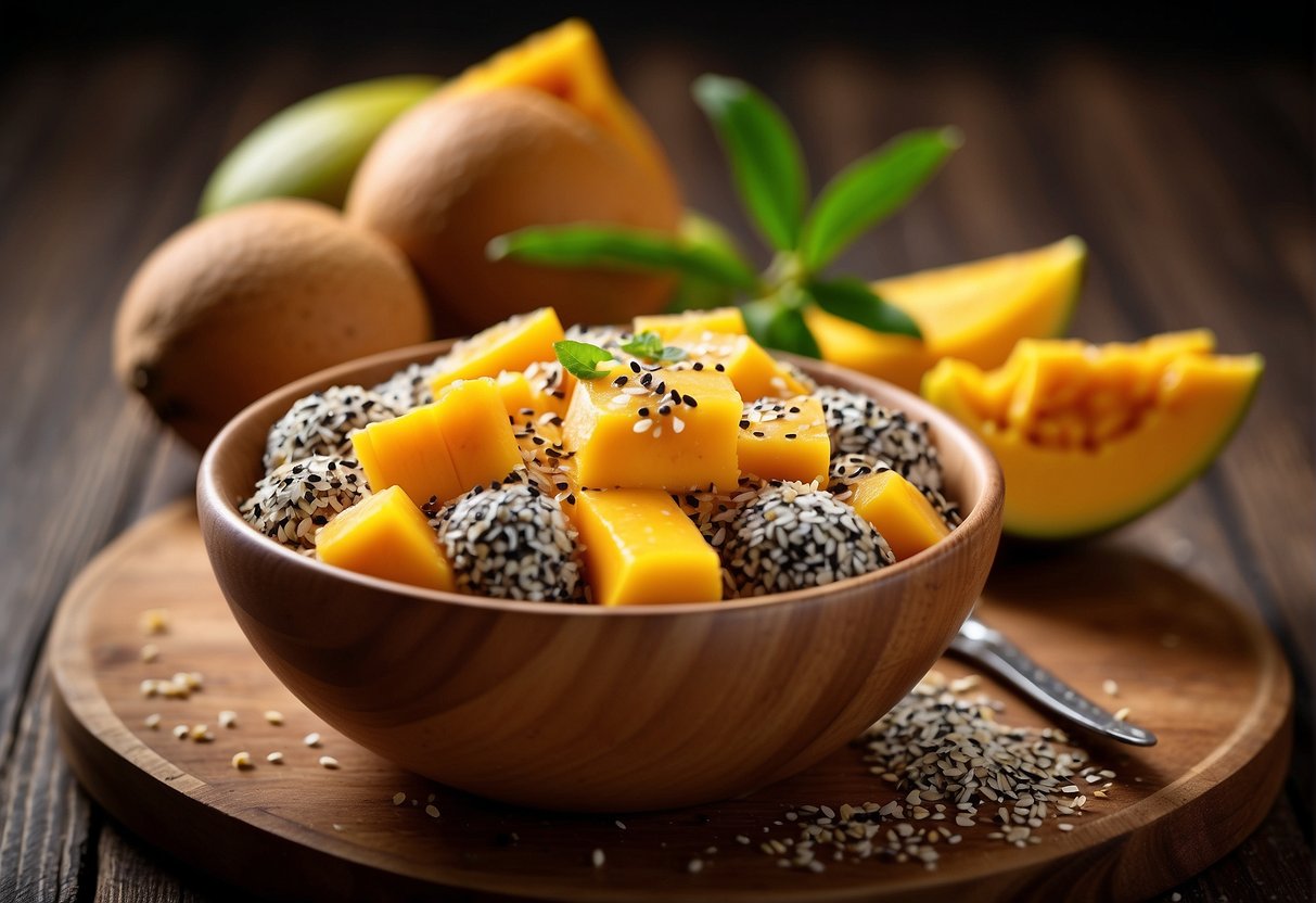 A bowl of mango chunks mixed with chia seeds, garnished with a sprinkle of coconut flakes and a drizzle of honey, presented on a wooden serving platter