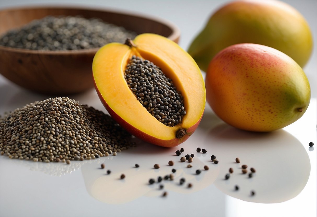 A ripe mango and a small pile of chia seeds sit on a clean, white surface