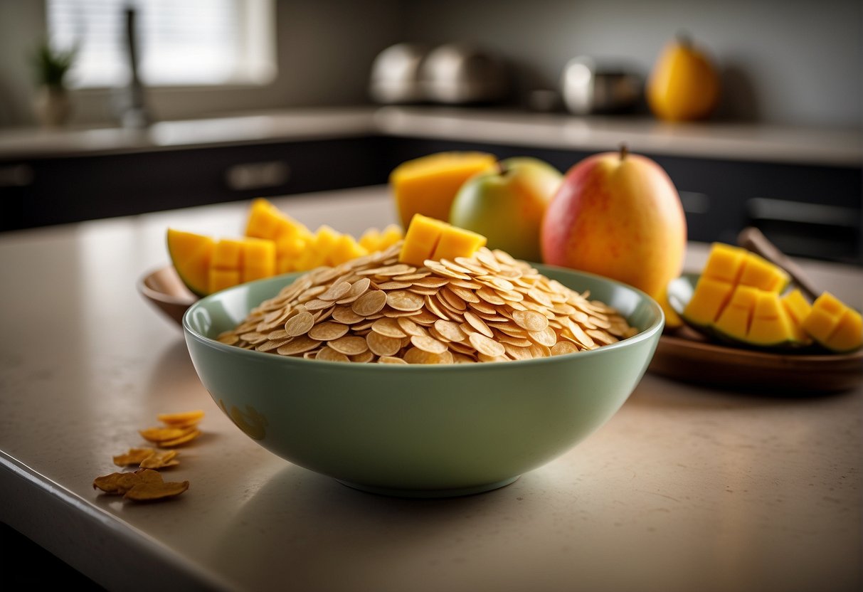 A bowl of oats and mango slices sit on a kitchen counter, ready for mixing and meal prepping