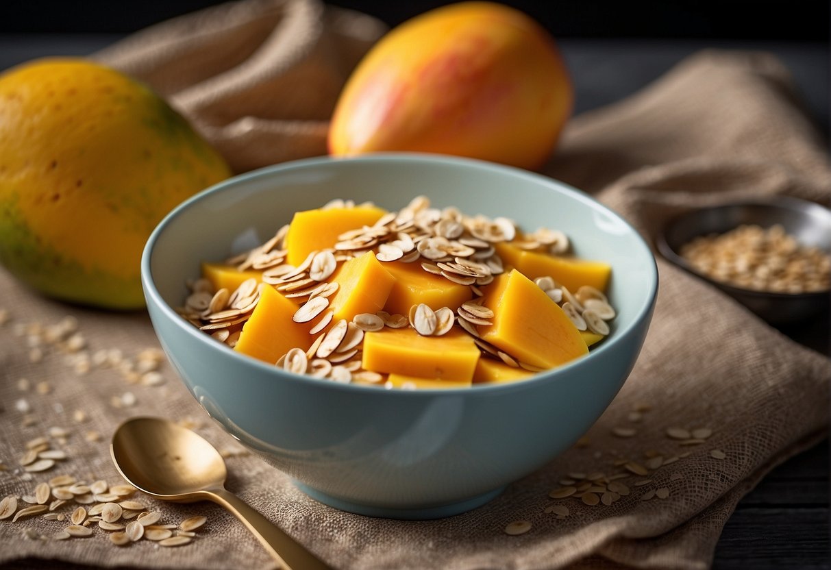 A bowl of mango slices and oats mixed together, with a spoon on the side. A glass of water and a napkin complete the setting