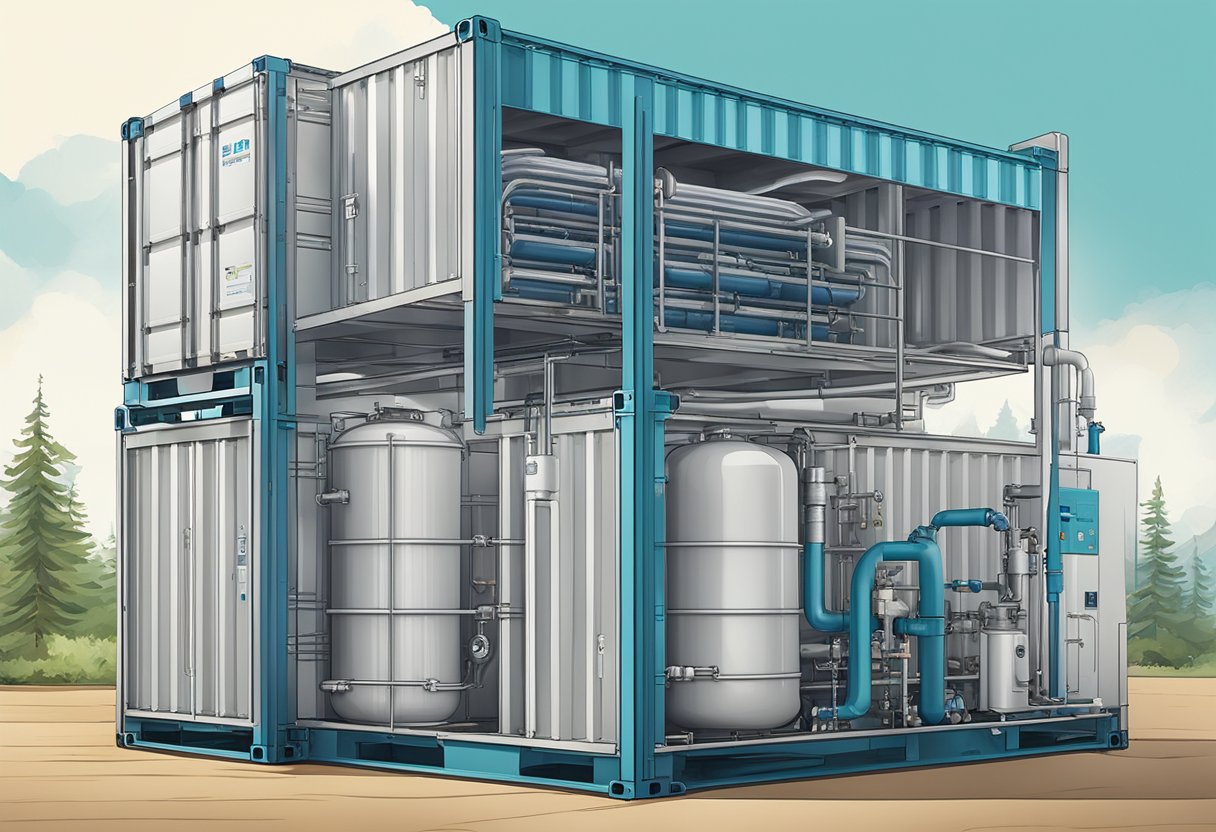 A water purification system filters water into large storage containers, ensuring 72 hours of clean drinking water