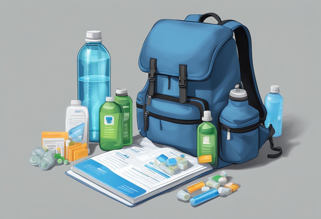 A sturdy backpack sits open, filled with water bottles and purification tablets. A checklist is pinned to the side, ensuring 72 hours of water supply