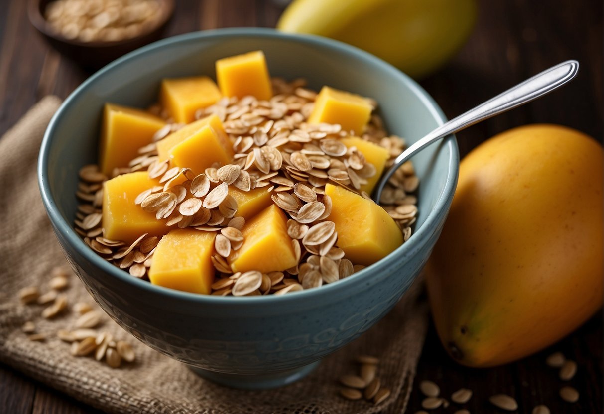 A bowl of oats and sliced mangoes sit side by side, with a spoon resting nearby