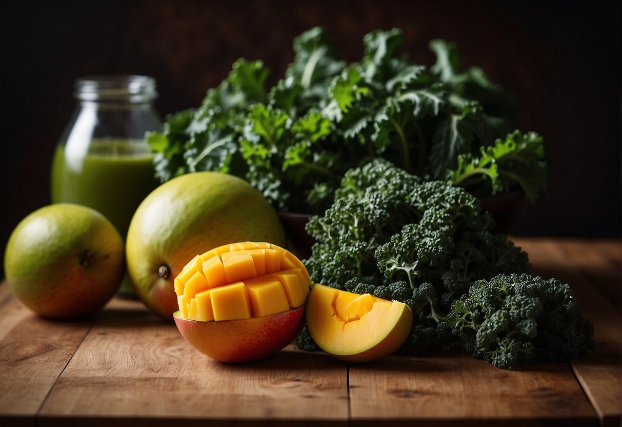 A ripe mango and fresh kale arranged on a cutting board, ready to be blended together in a smoothie